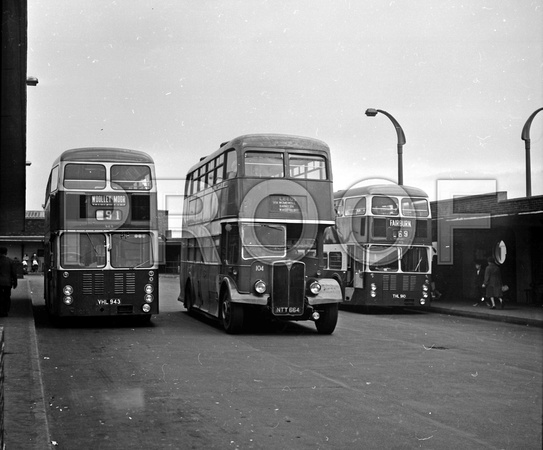 NTT 664 Burrows 104 AEC Regent III Weymann + VHL 943 & THL 910 W Riding Guy Wulfrunian @ Wakefield 23.8.66