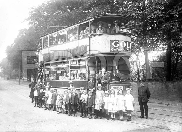 Woollen District Open-balcony car 17 surrounded by children on Sunday School outing at Birkenshaw
