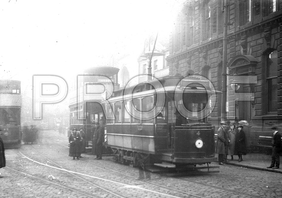 Woollen District Single-deck car 4 and open-balcony car 46 at Market Place, Dewsbury