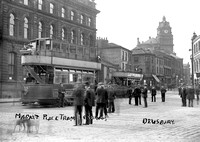 Woollen District Open-balcony car 35 and open-topper Car 20 at Market Place, Dewsbury