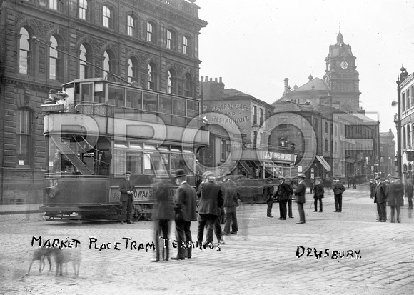 Woollen District Open-balcony car 35 and open-topper Car 20 at Market Place, Dewsbury